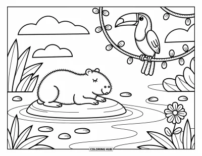 Regenwaldtiere-Ausmalbild für Erwachsene: Ein friedliches Wasserschwein ruht an einem Fluss, ein Tukan beobachtet es von oben