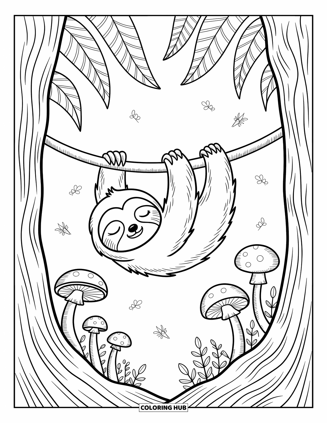 Rainforest Animals Coloring Page for Adults: A peaceful sloth snoozes on a vine as jungle life quietly stirs below
