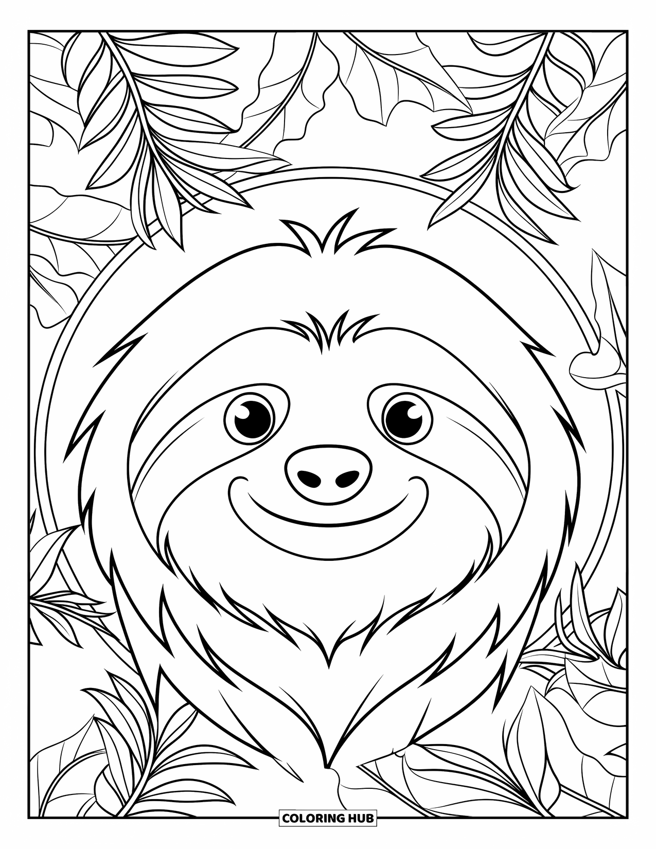 Rainforest Animals Coloring Page for Adults: A peaceful sloth's face is framed by circular vines and tropical mandala leaves