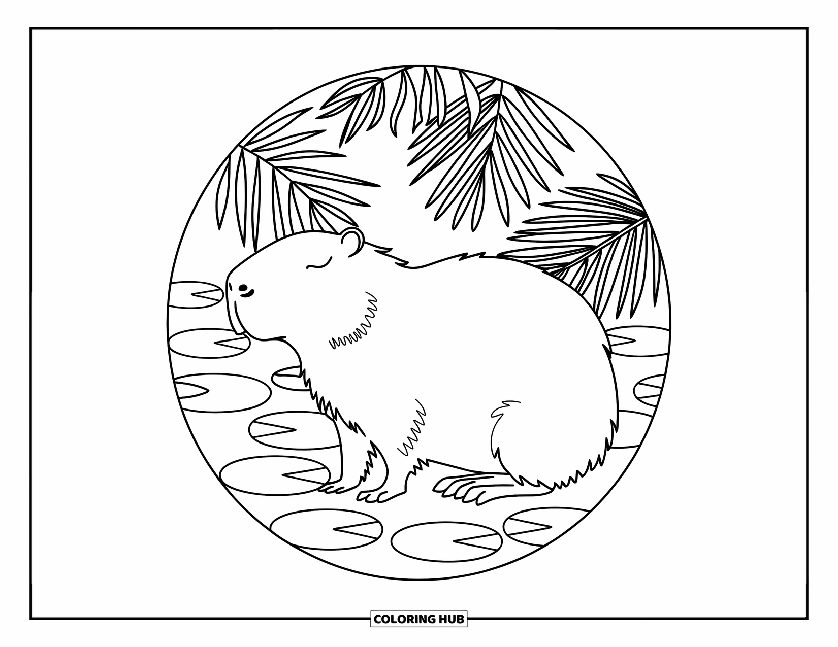 Rainforest Animals Coloring Page for Adults: A relaxed capybara appears within a mandala of palm leaves and lily pads