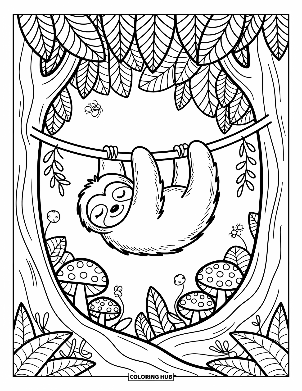 Rainforest Animals Coloring Page for Adults: A sleepy sloth hangs from a vine while mushrooms and bugs fill the forest below