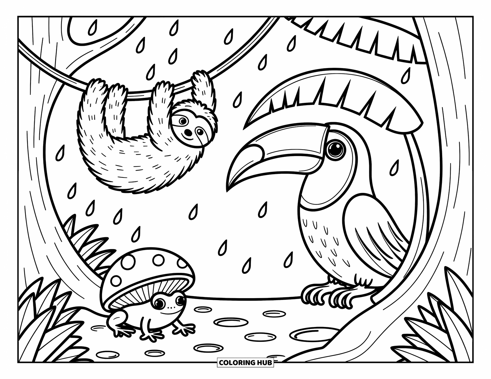 Rainforest Animals Coloring Page for Adults: A sleepy sloth swings above a frog, toucan, and raindrops in the quiet rainforest