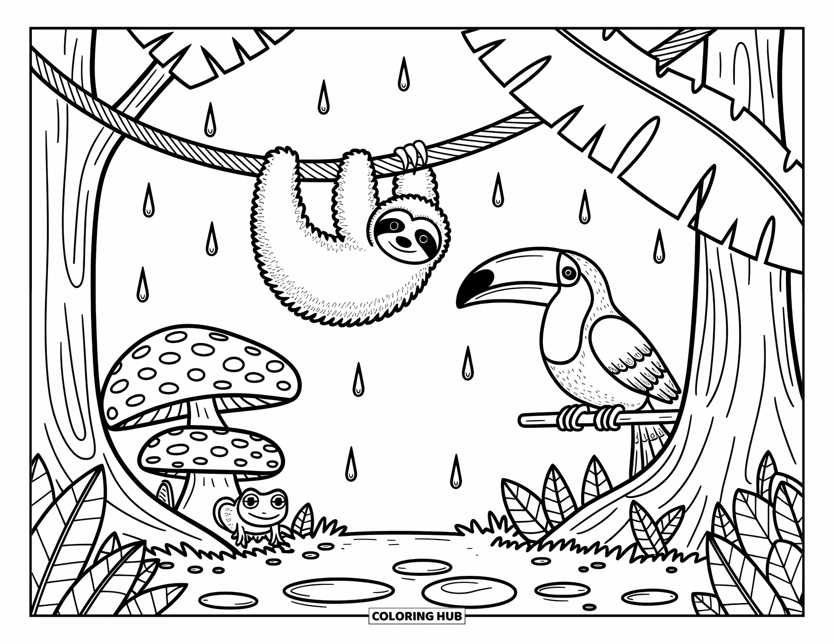 Rainforest Animals Coloring Page for Adults: A sloth dangles peacefully as frogs and toucans enjoy a rainy, leafy forest