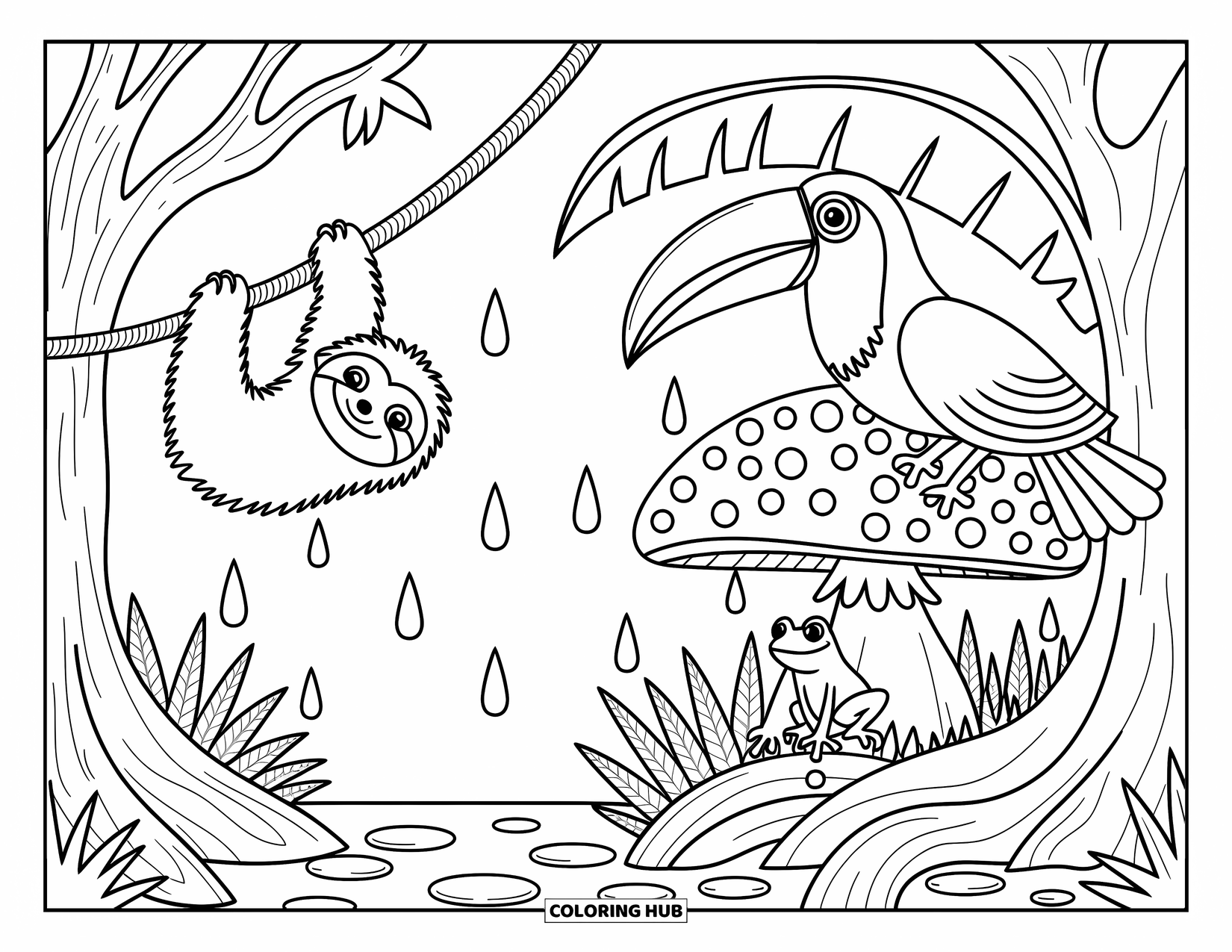 Rainforest Animals Coloring Page for Adults: A sloth hangs from a vine while a toucan rests under a huge banana leaf