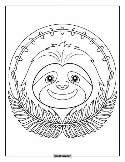 Regenwaldtiere-Ausmalbild für Erwachsene: Ein Faultier mit schläfrigen Augen ruht im Mittelpunkt eines Mandalas aus Lianen und Blättern