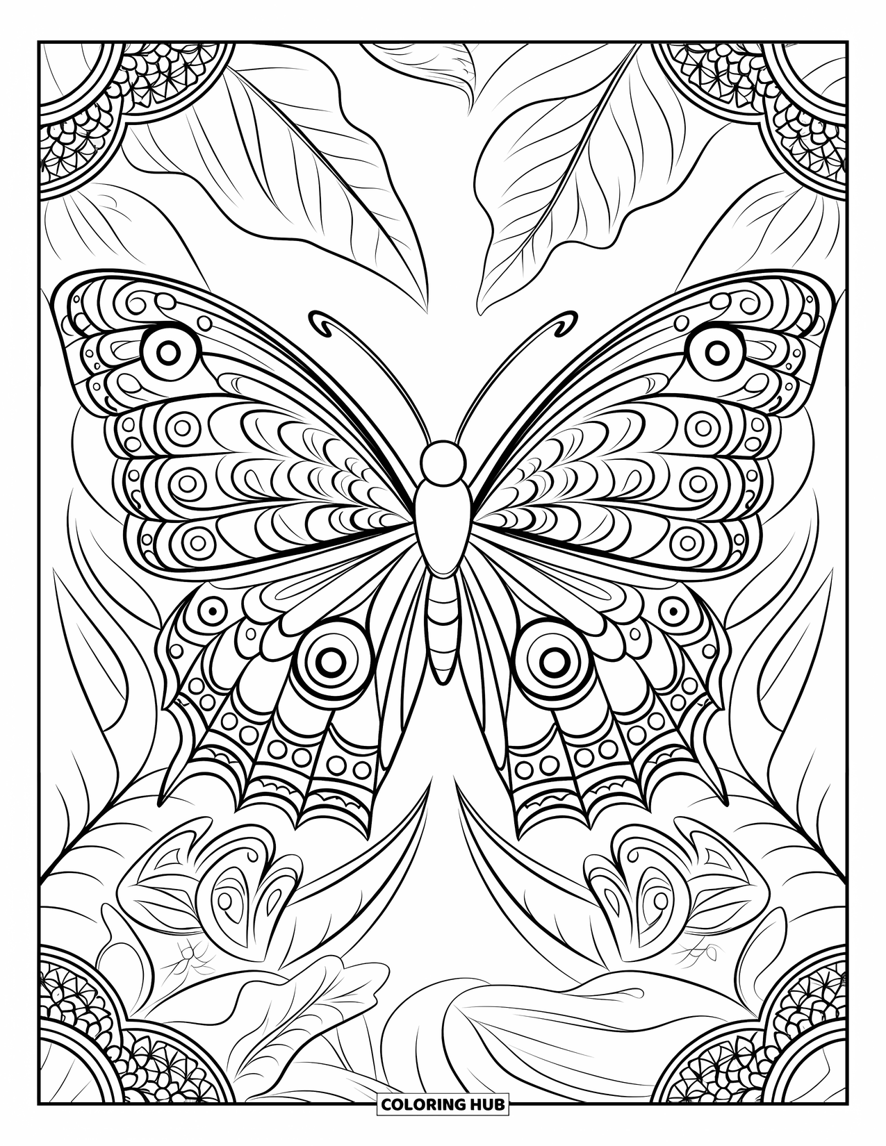 Rainforest Animals Coloring Page for Adults: A symmetrical butterfly design features mandala petals and rainforest foliage all around