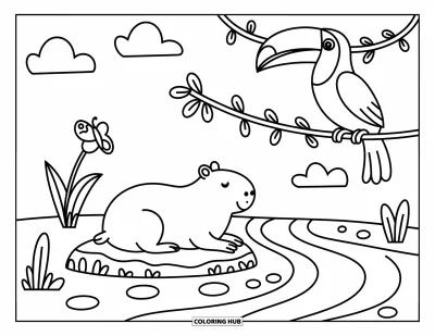 Regenwaldtiere-Ausmalbild für Erwachsene: Ein Tukan und ein Schmetterling leisten einem Wasserschwein am Flussufer ruhige Gesellschaft