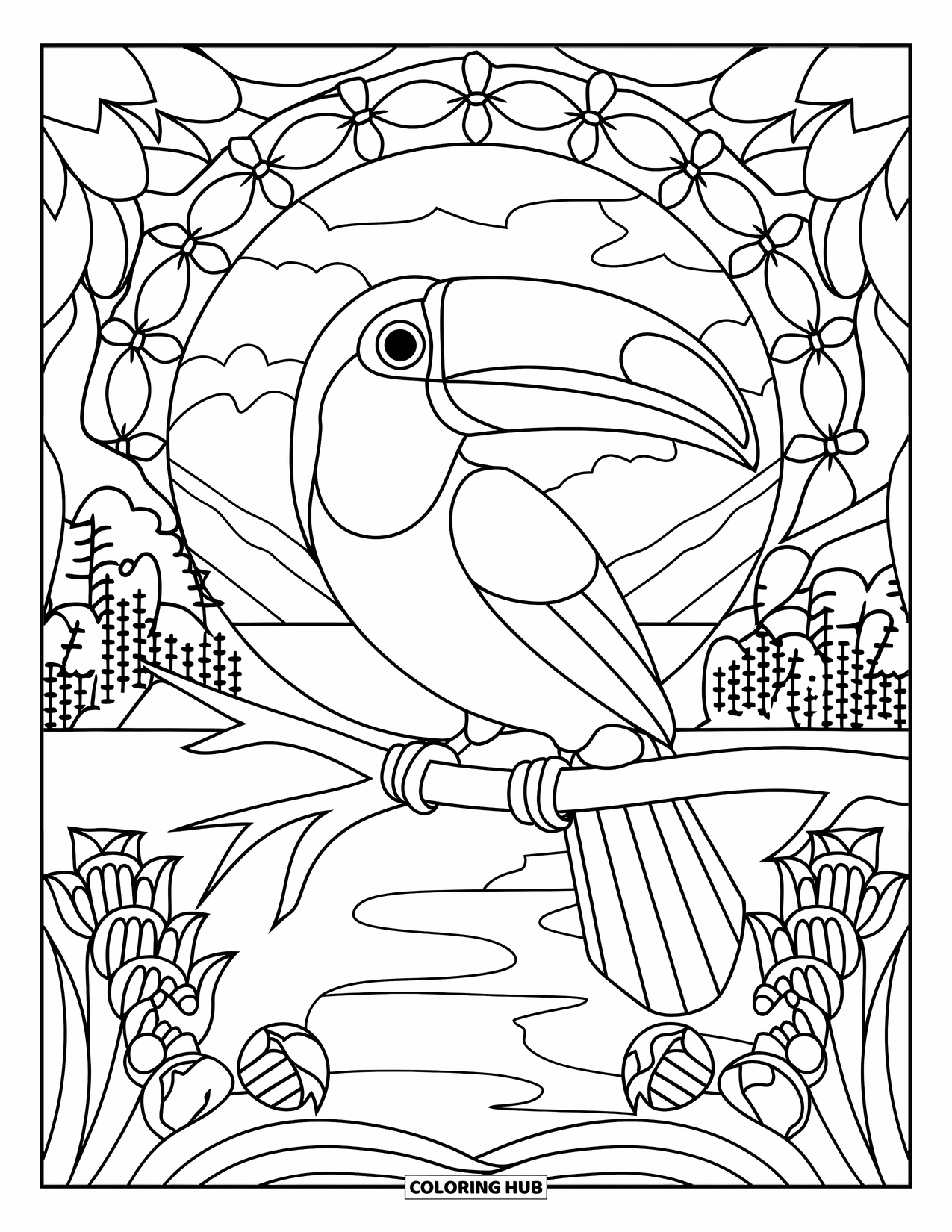 Rainforest Animals Coloring Page for Adults: A toucan perches proudly within a floral stained glass-style frame against a wild backdrop