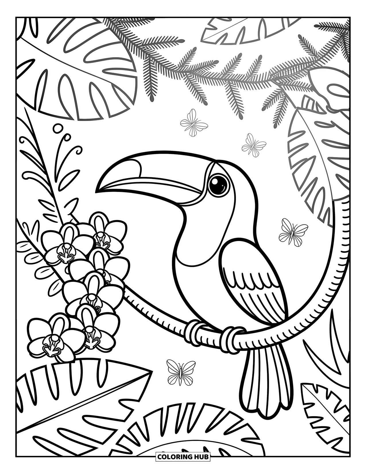 Rainforest Animals Coloring Page for Adults: A toucan rests on a curling branch surrounded by orchids, ferns, and dancing butterflies