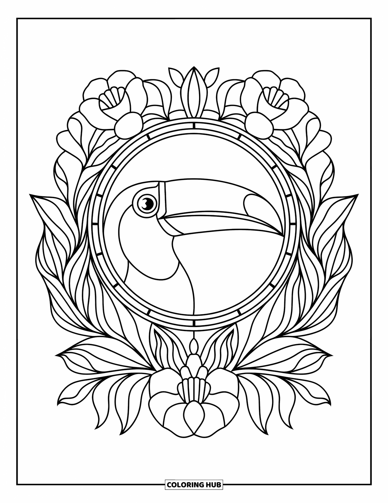 Rainforest Animals Coloring Page for Adults: A toucan's beak and eye peek out from a circle of rainforest flowers