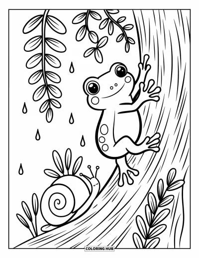 Regenwaldtiere-Ausmalbild für Erwachsene: Ein Baumfrosch klammert sich hoch oben an moosiger Rinde mit Epiphyten, Regentropfen und einer Schnecke