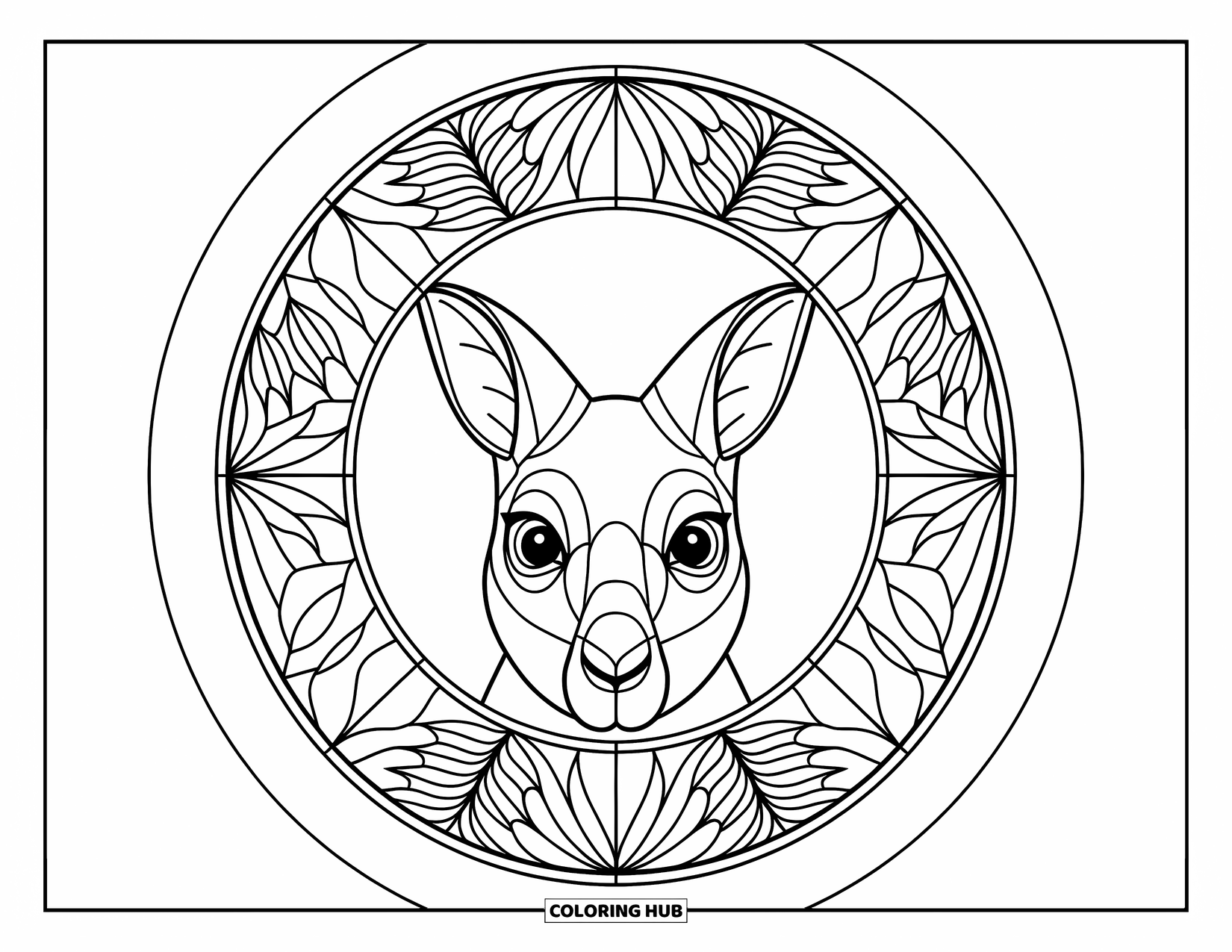 Rainforest Animals Coloring Page for Adults: A tree kangaroo's face is framed by patterned plants in a symmetrical circular design