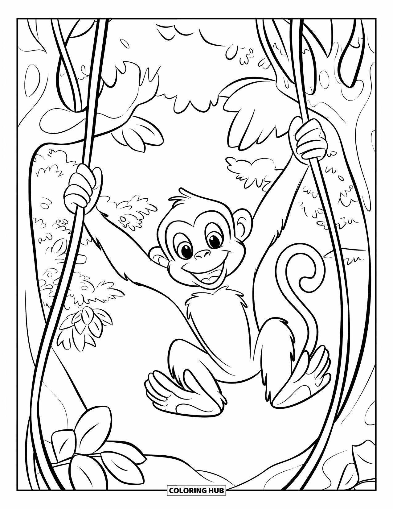 Rainforest Animals Coloring Page for Kids: A cheerful monkey swings through the trees with round leaves and curling vines