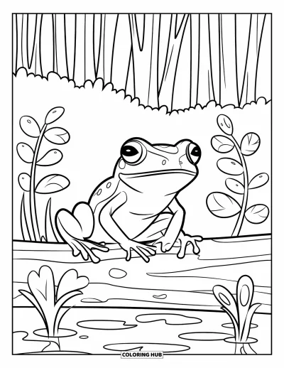 Regenwaldtiere-Ausmalbild für Kinder: Ein süßer Frosch mit großen Augen sitzt auf einem Baumstamm im Regenwald