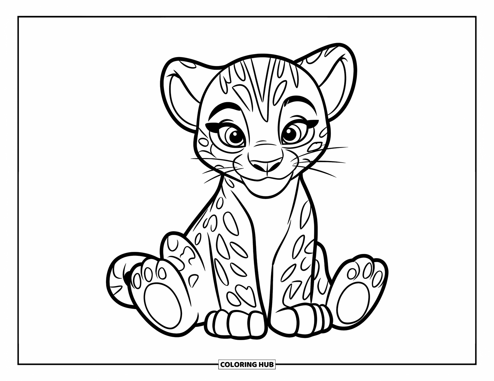 Rainforest Animals Coloring Page for Kids: A cute jaguar cub sits happily, ready for fun