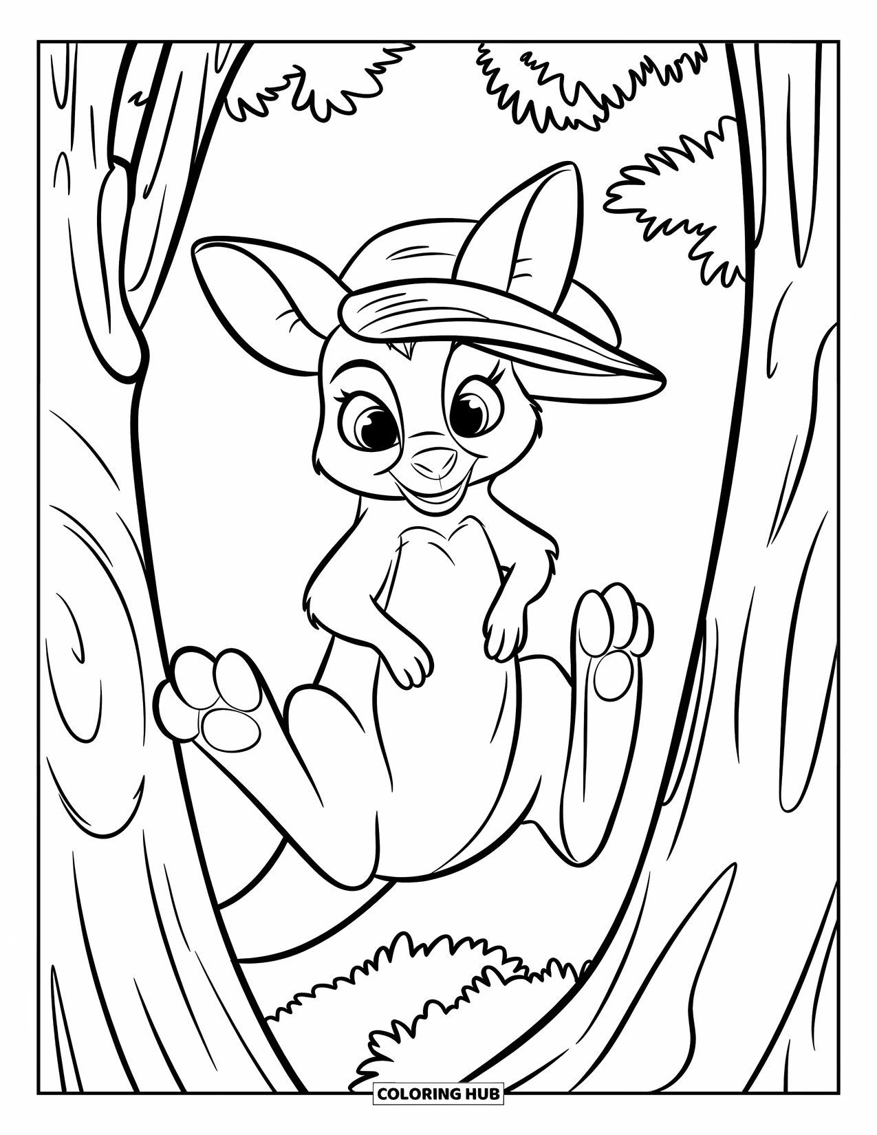 Rainforest Animals Coloring Page for Kids: A cute tree kangaroo hops between trunks wearing a tiny green hat