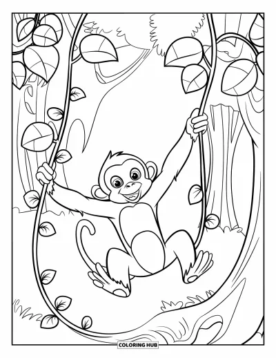 Regenwaldtiere-Ausmalbild für Kinder: Ein fröhlicher Affe schwingt sich durch den Wald mit großen Blättern ringsum