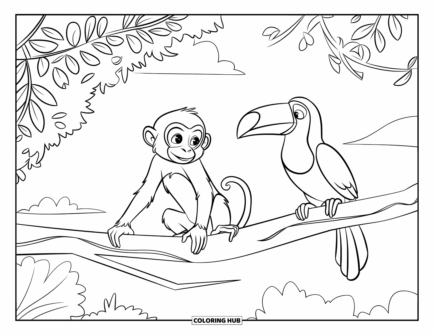 Rainforest Animals Coloring Page for Kids: A monkey balances beside a toucan in a cozy tangle of jungle vines