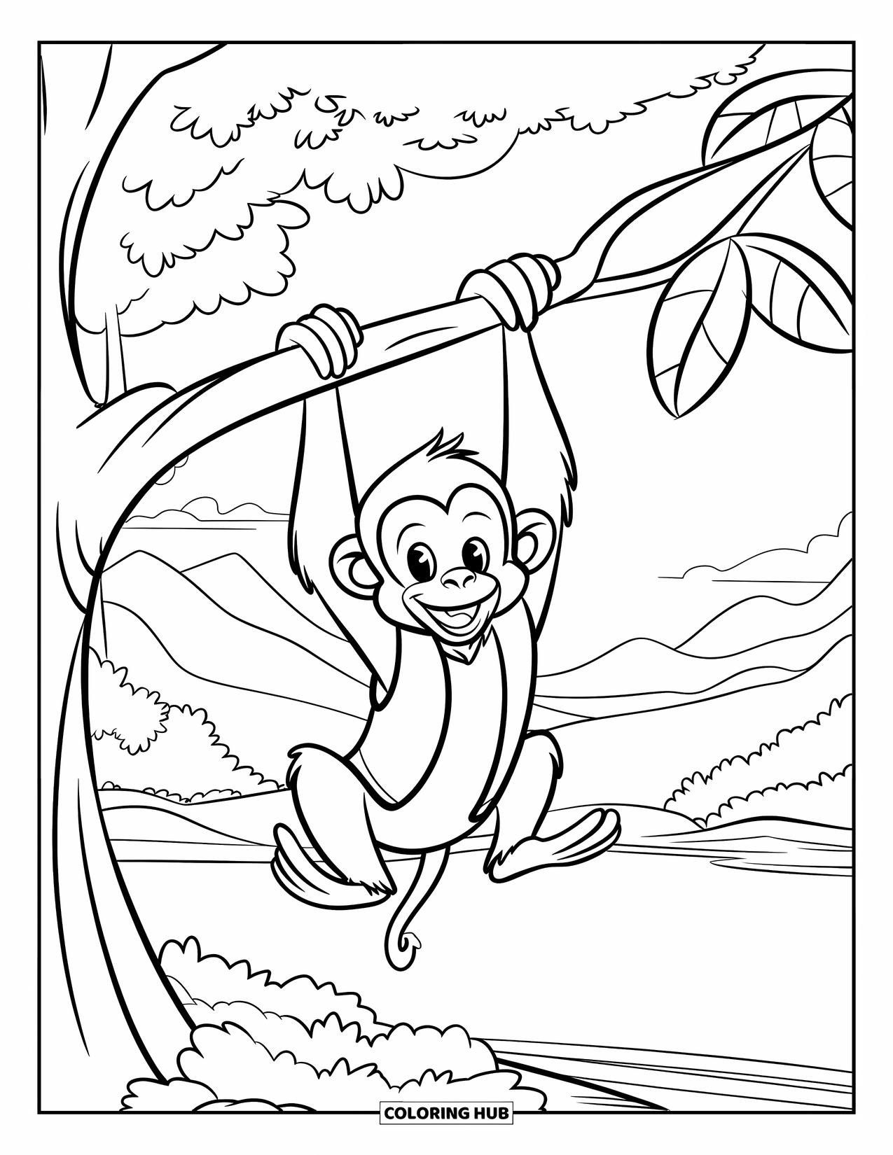 Rainforest Animals Coloring Page for Kids: A monkey in a vest grins while hanging from a leafy jungle branch