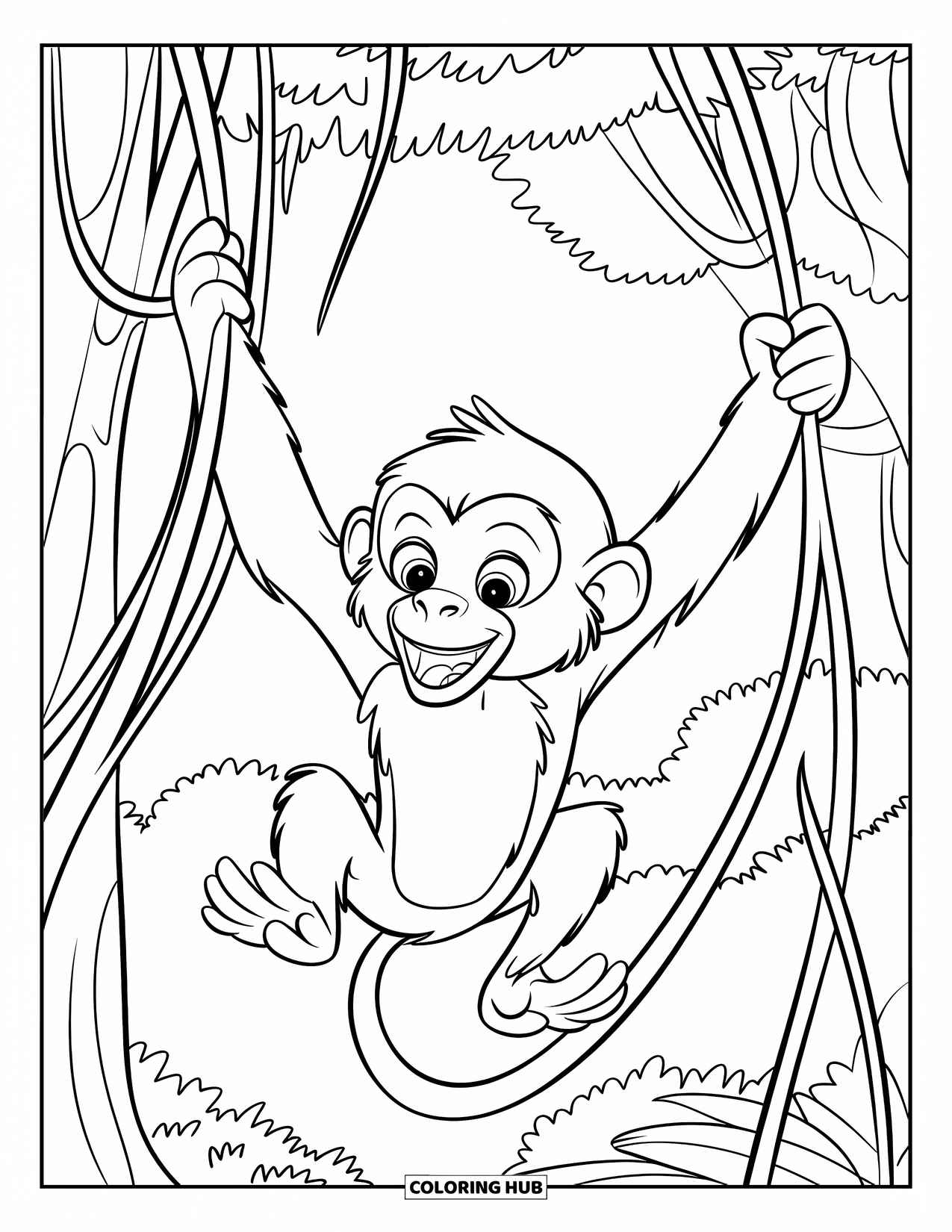Rainforest Animals Coloring Page for Kids: A monkey smiles wide while swinging on a vine through jungle trees