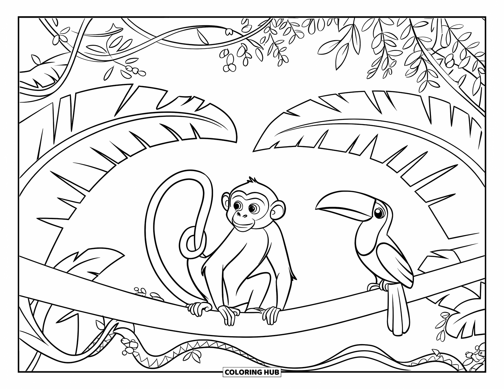 Rainforest Animals Coloring Page for Kids: A monkey, toucan, and snake relax together in the treetops under thick leaves
