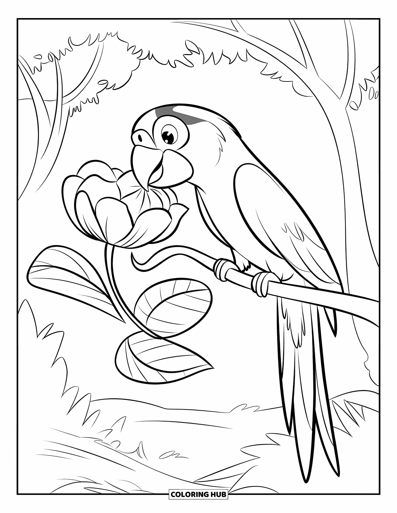 Rainforest Animals Coloring Page for Kids: A parrot feeds from a bright flower while resting on a delicate branch
