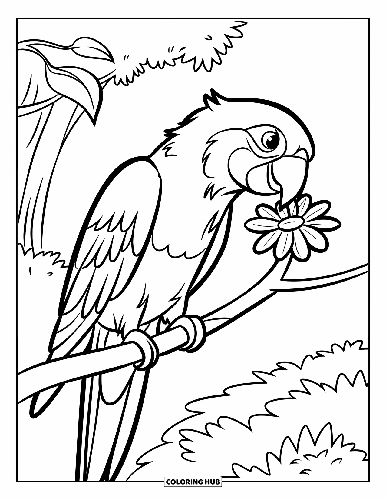 Rainforest Animals Coloring Page for Kids: A parrot sips nectar from a flower while perched on a thin jungle branch