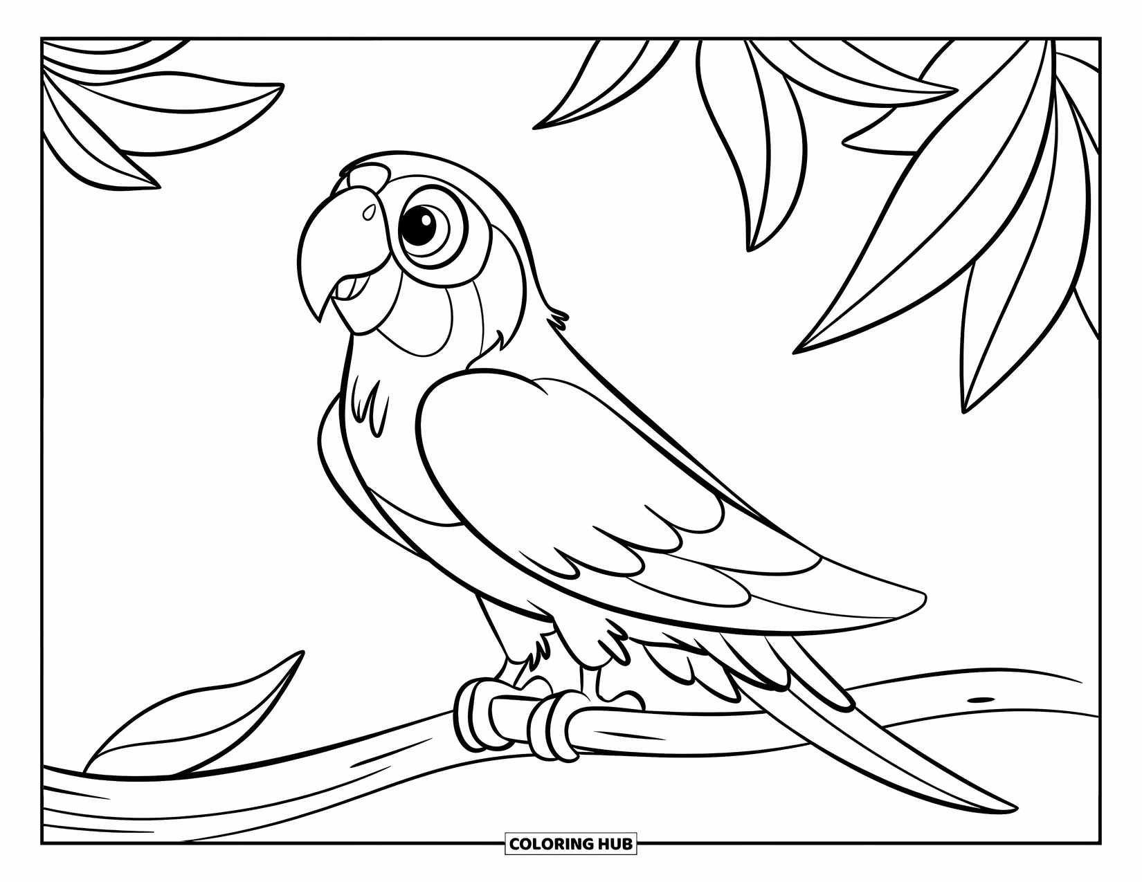 Rainforest Animals Coloring Page for Kids: A parrot stands quietly on a branch with its wings tucked in