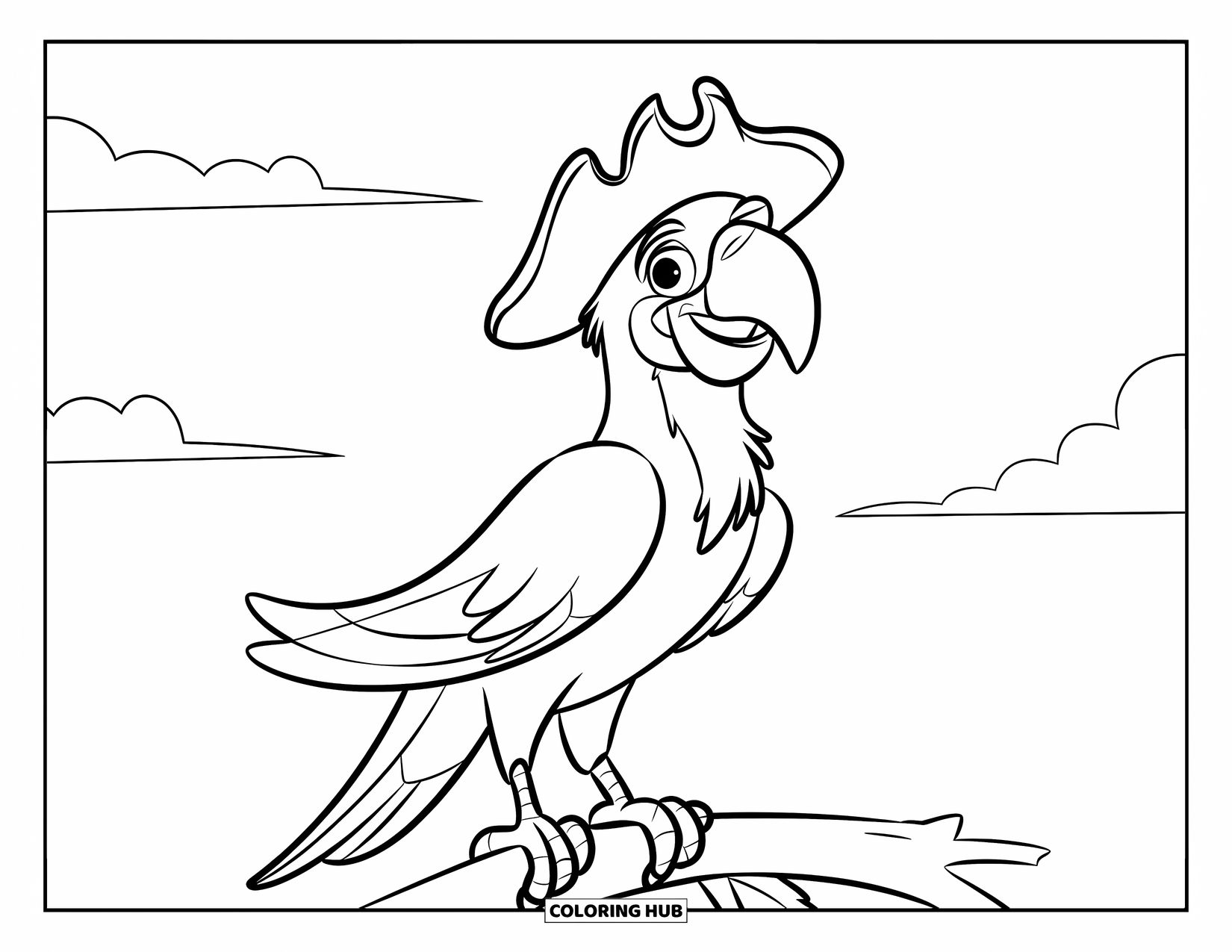 Rainforest Animals Coloring Page for Kids: A pirate-hat parrot perches proudly on a branch under a bright sky