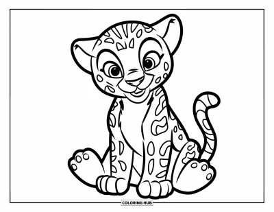 Regenwaldtiere-Ausmalbild für Kinder: Ein verspieltes Jaguarjunges sitzt auf dem Boden mit einem fröhlichen Ausdruck