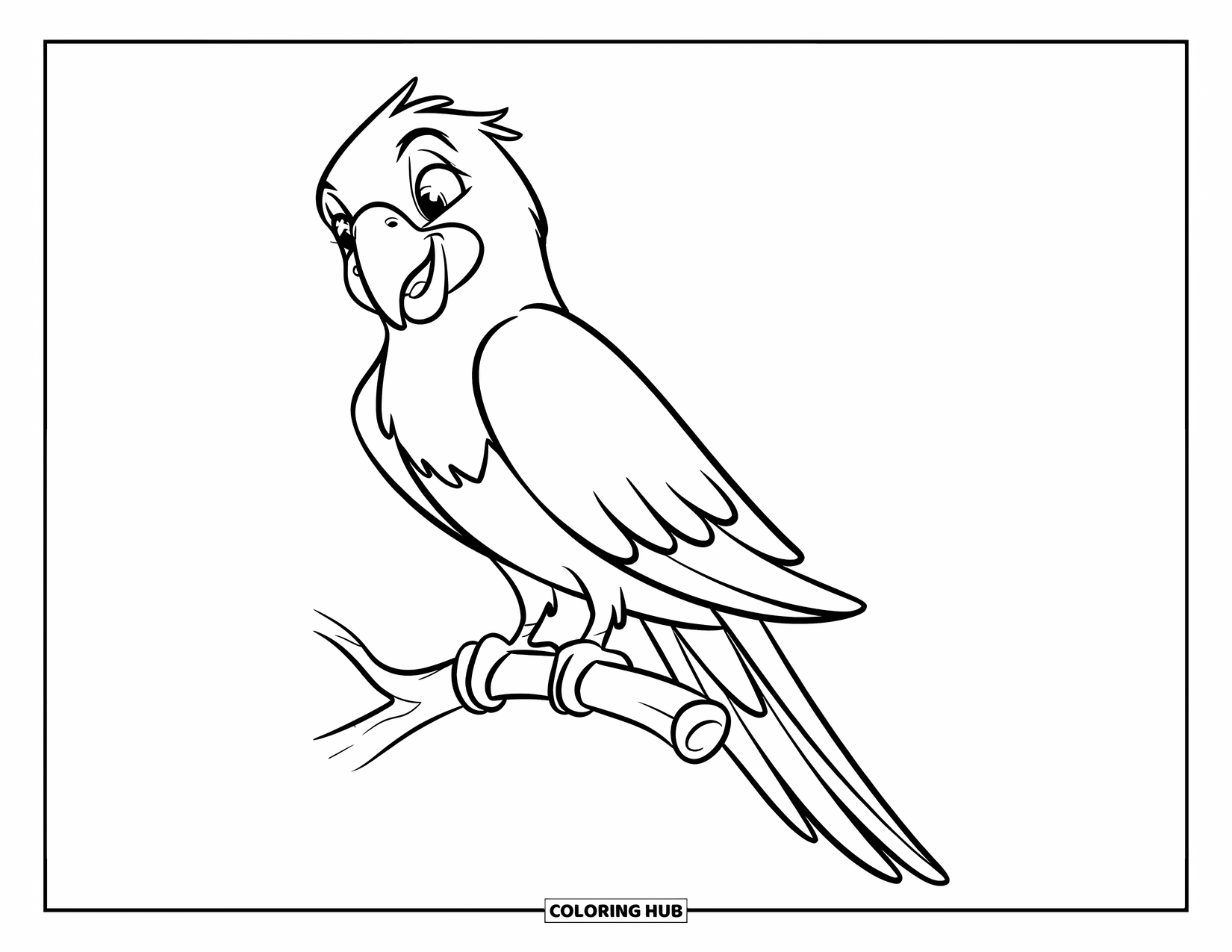 Rainforest Animals Coloring Page for Kids: A quiet parrot stands still on a small bending branch