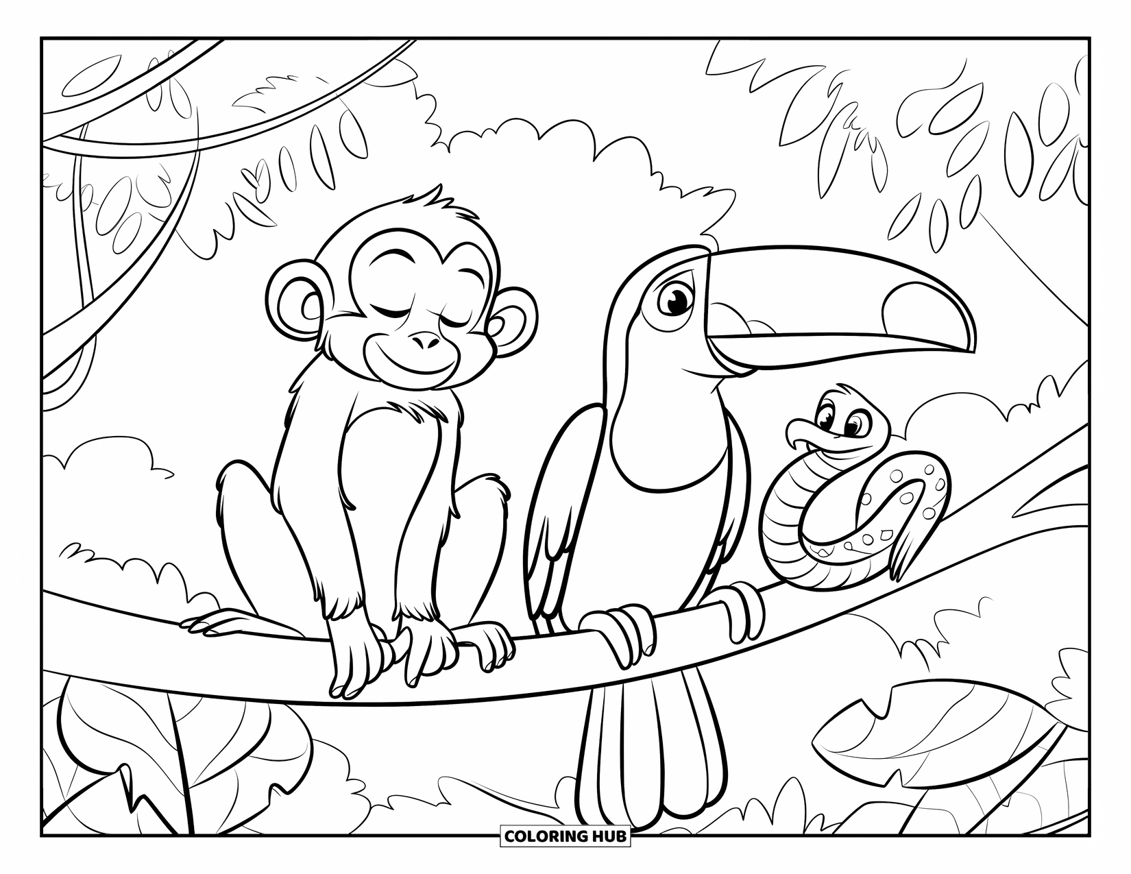 Rainforest Animals Coloring Page for Kids: A sleepy monkey shares a branch with a toucan and a curious jungle snake