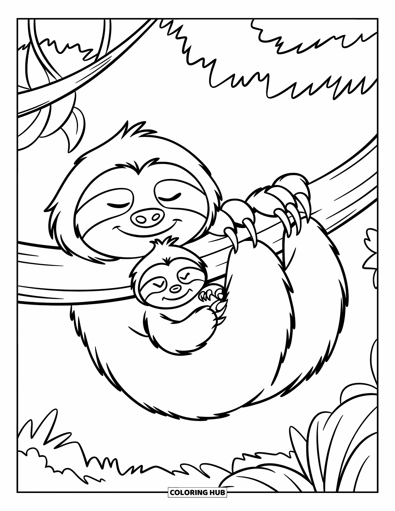 Rainforest Animals Coloring Page for Kids: A sloth hugs its baby while resting peacefully on a strong tree branch