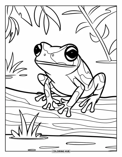 Regenwaldtiere-Ausmalbild für Kinder: Ein lächelnder Frosch ruht auf einem Baumstamm im Dschungel