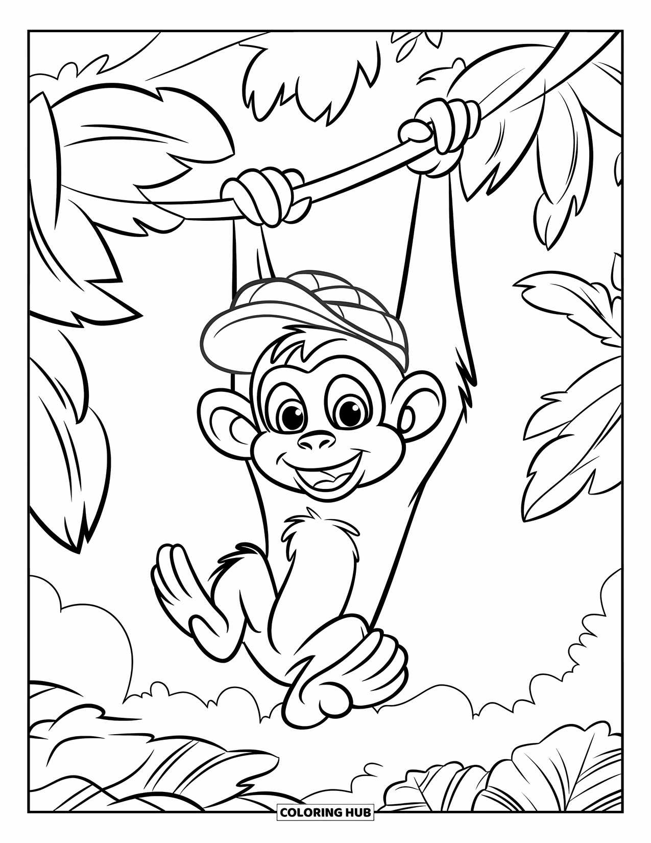 Rainforest Animals Coloring Page for Kids: A smiling monkey hangs from a tree branch with large leaves above