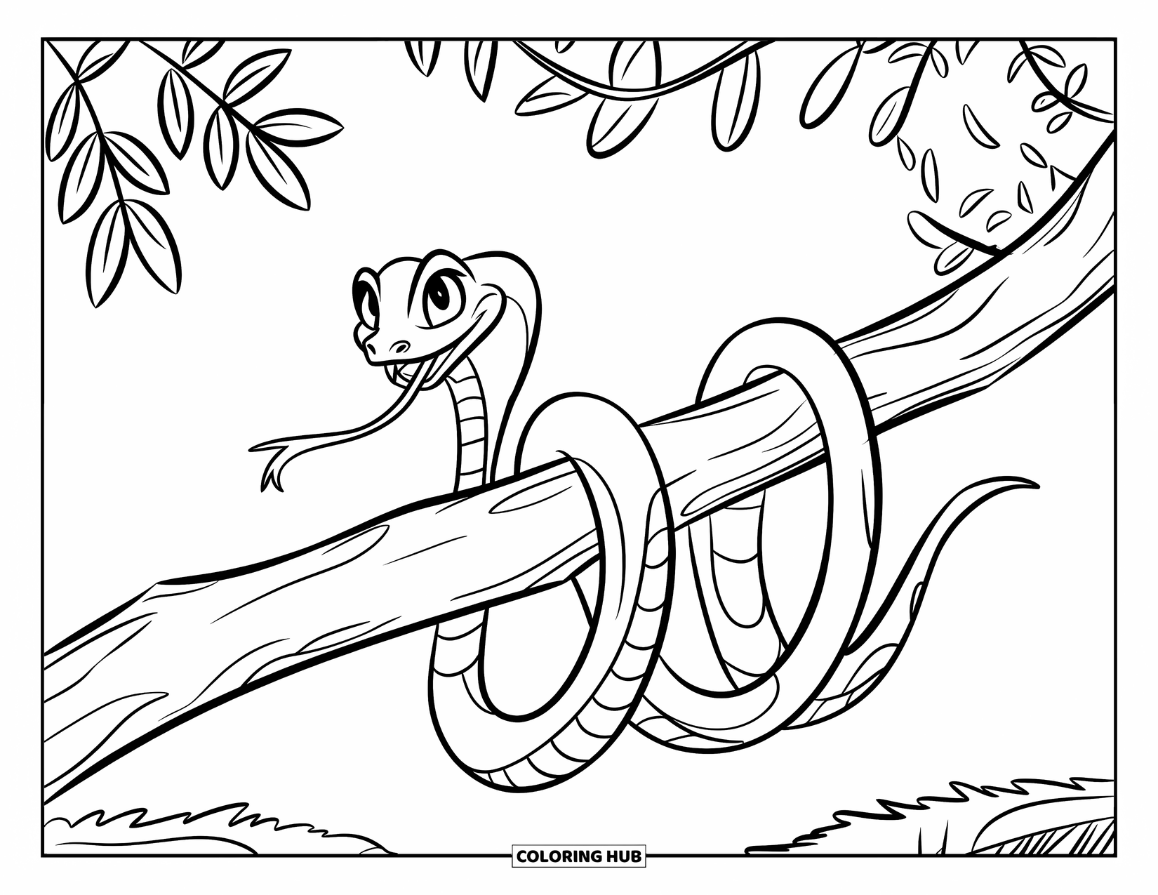 Rainforest Animals Coloring Page for Kids: A snake slithers along a branch with leaves, ready to explore