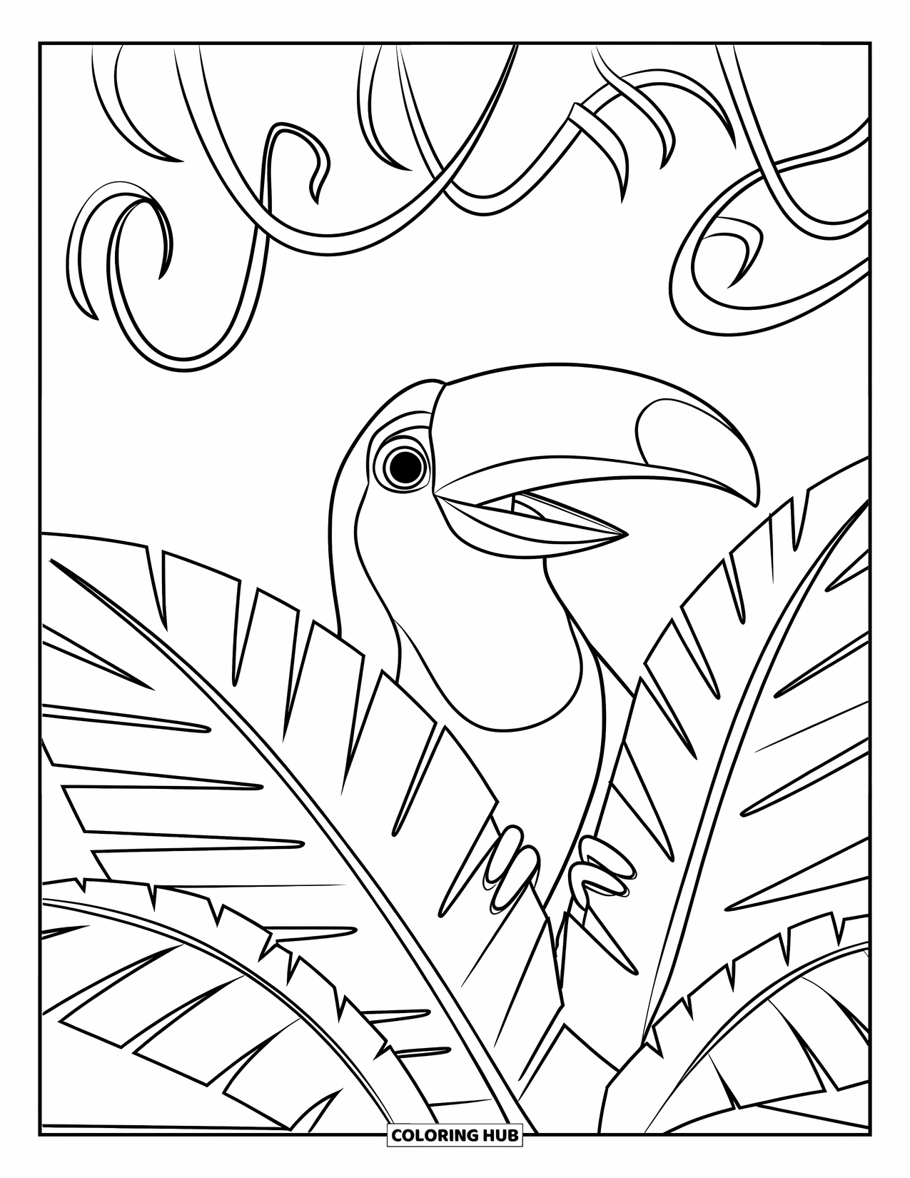Rainforest Animals Coloring Page for Kids: A toucan hides playfully behind big leaves and vines in the forest