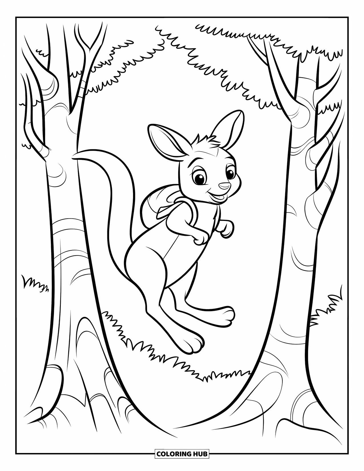 Rainforest Animals Coloring Page for Kids: A tree kangaroo jumps mid-air between trees with a small backpack on