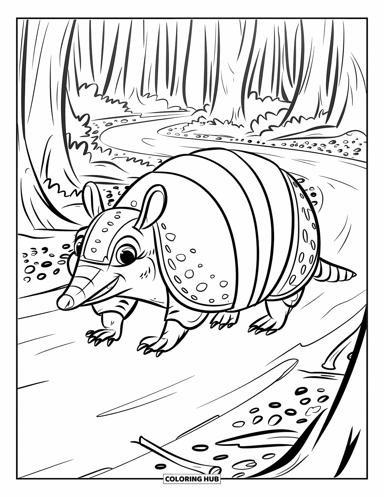Rainforest Animals Coloring Page for Kids: An armadillo strolls a leafy trail with twigs and pebbles underfoot