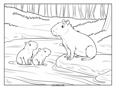 Regenwaldtiere-Ausmalbild für Kinder: Wasserschweine genießen einen friedlichen Moment am Wasser im Wald