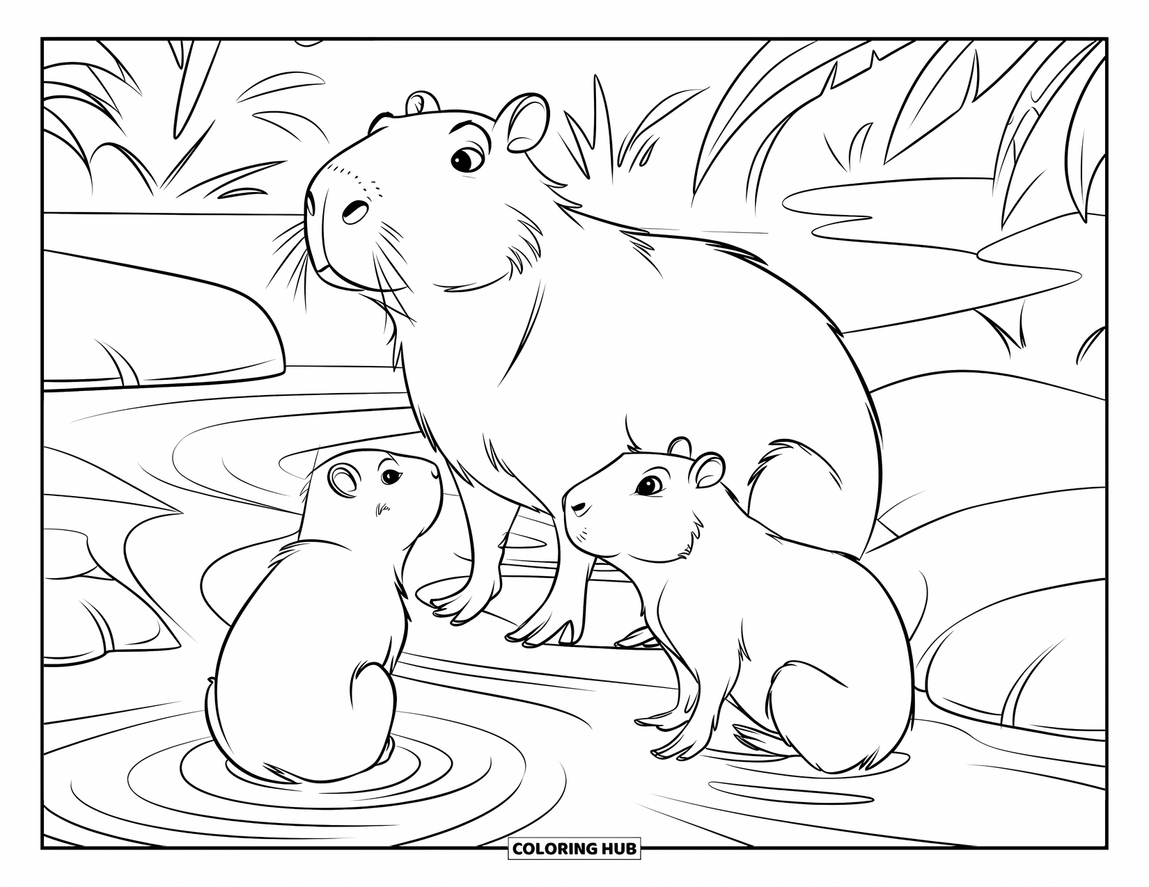 Rainforest Animals Coloring Page for Kids: Three capybaras sit together on a rock in the middle of a stream