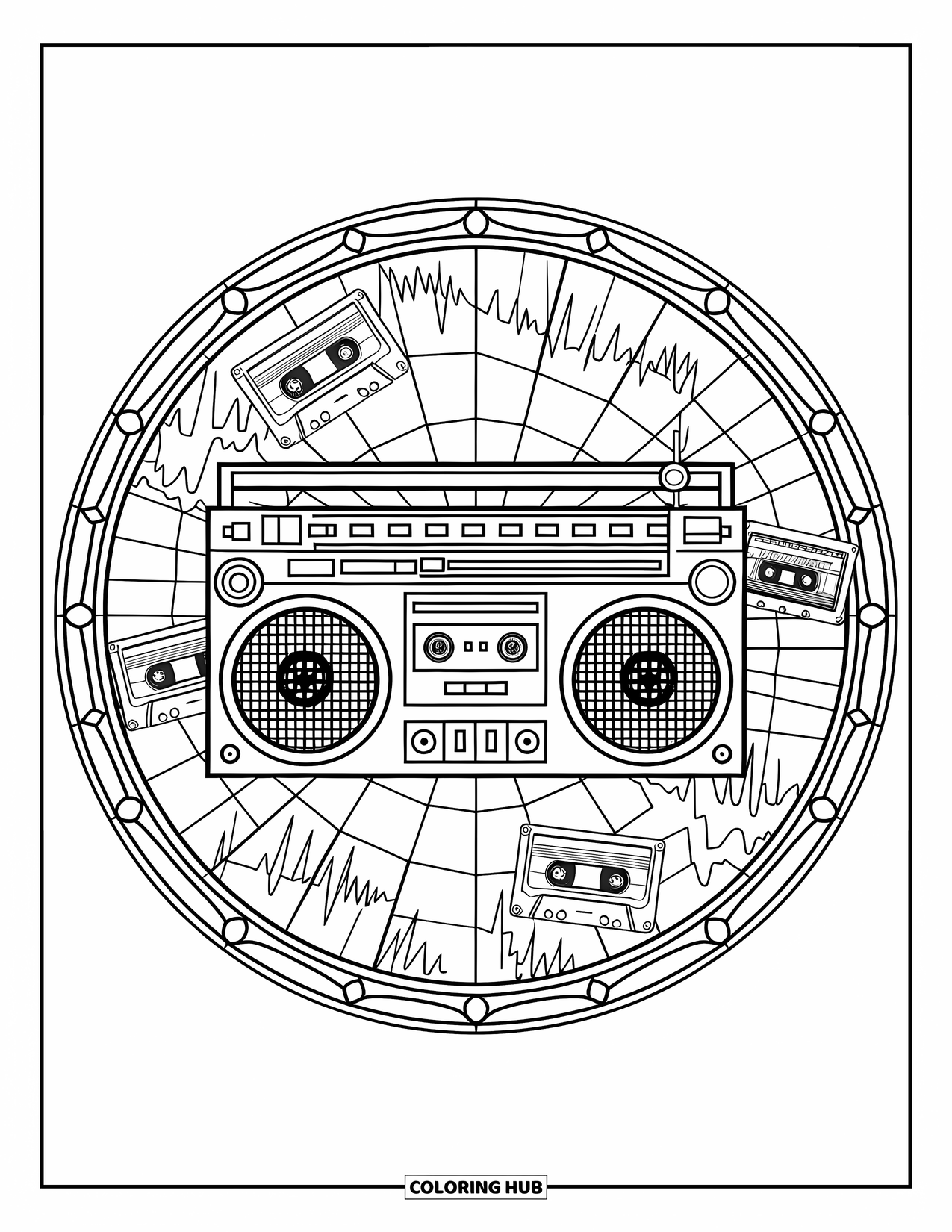Retro Coloring Page for Adults: A boombox surrounded by stained-glass tapes and sound waves