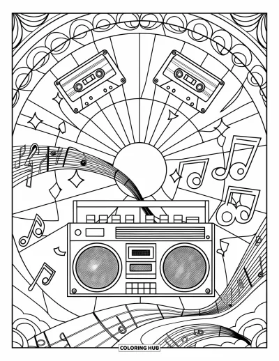 Yetişkinler için Retro Boyama Sayfası: Dalga ve nota desenleri arasında müzik çalan klasik bir teyp