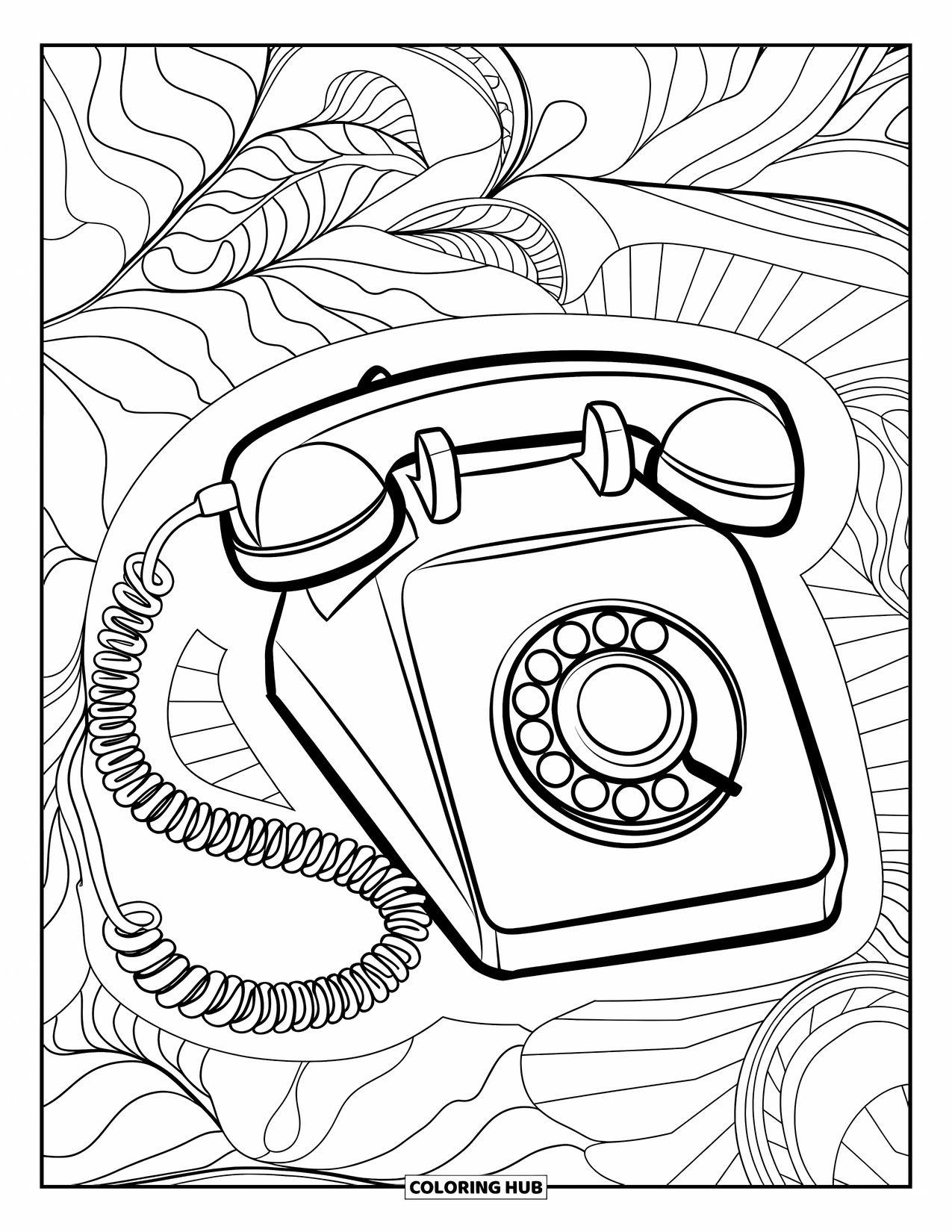 Retro Coloring Page for Adults: A classic rotary phone surrounded by swirling floral patterns