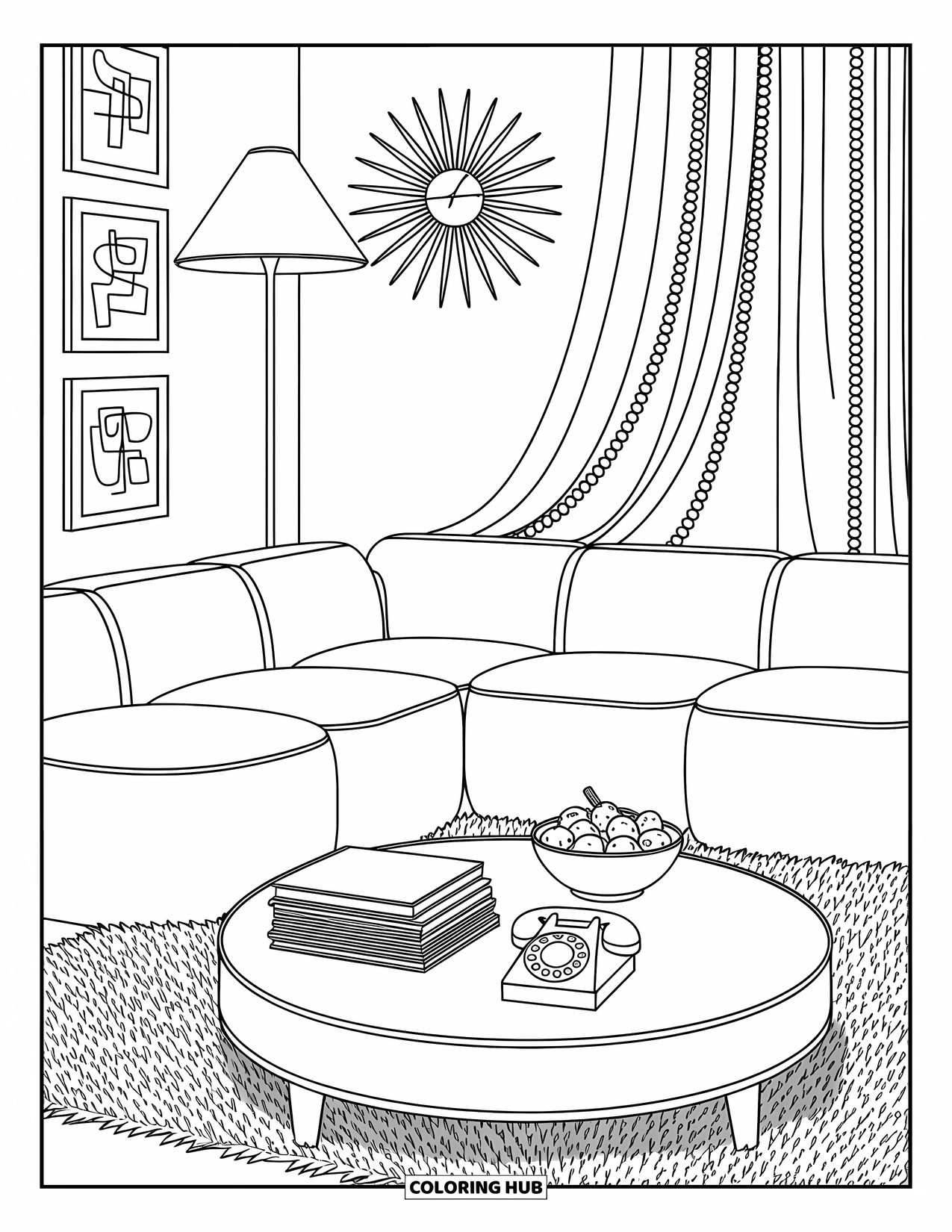 Retro Coloring Page for Adults: A cozy retro living room with a sofa, lamp, and magazines on a table