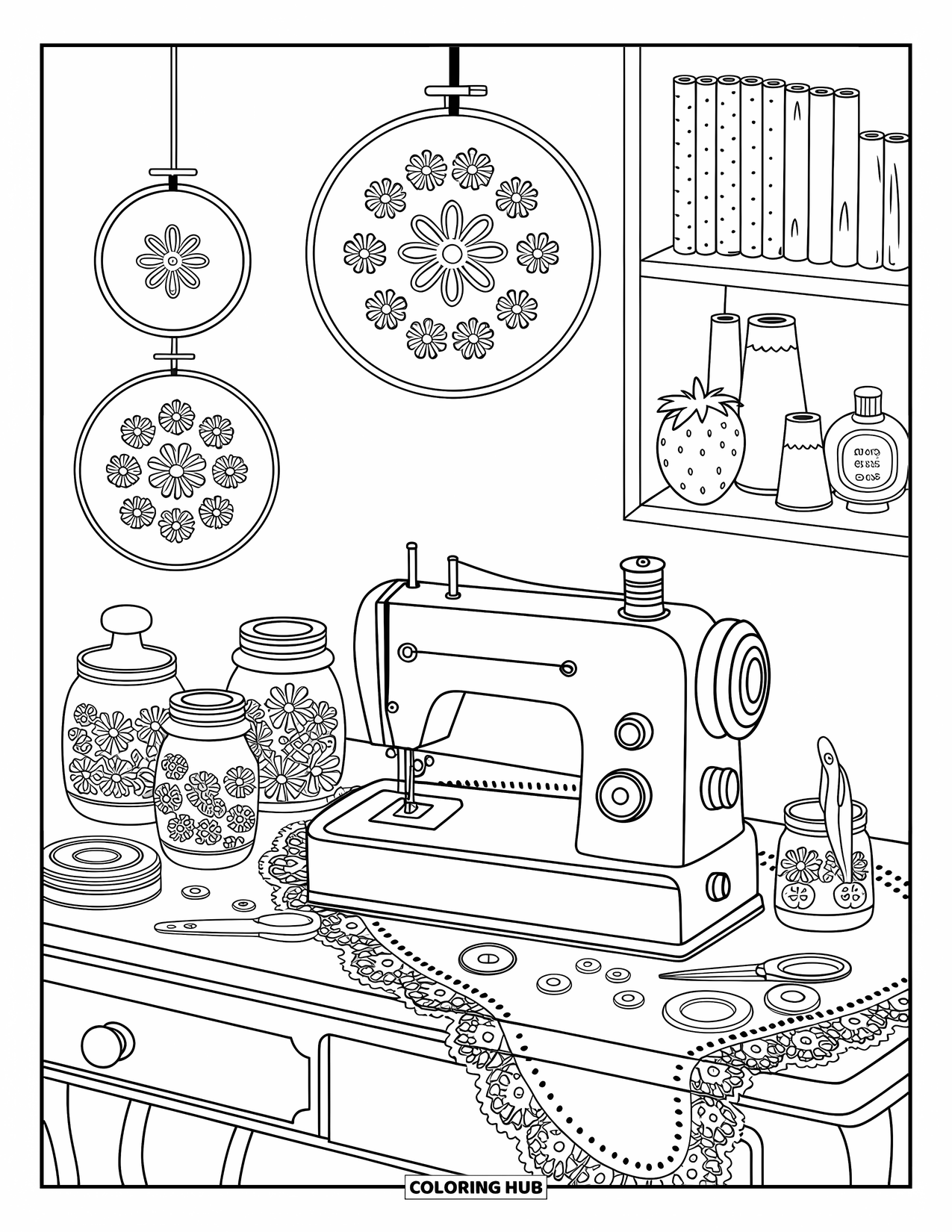 Retro Coloring Page for Adults: A cute sewing nook with a vintage machine, threads, and floral hoops