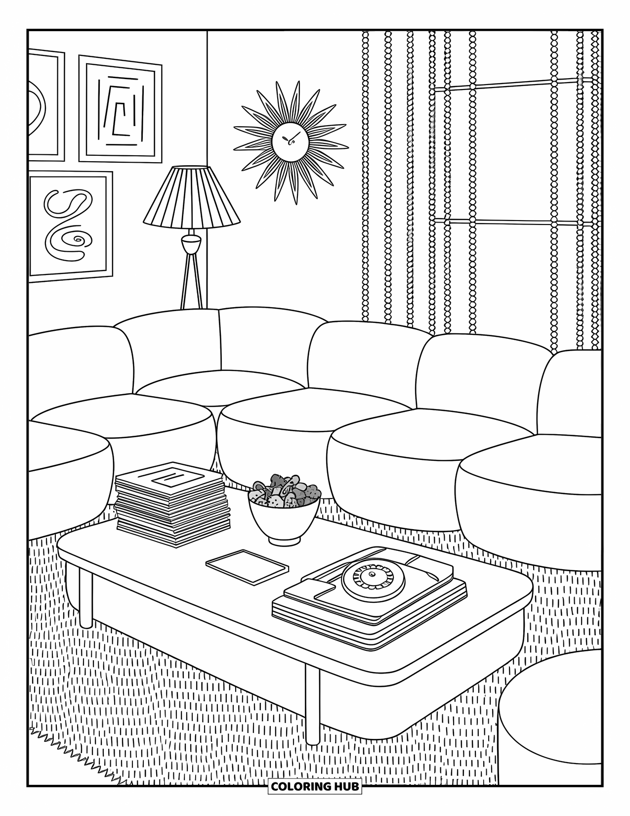 Retro Coloring Page for Adults: A mid-century living room with soft light, art, and a shag rug