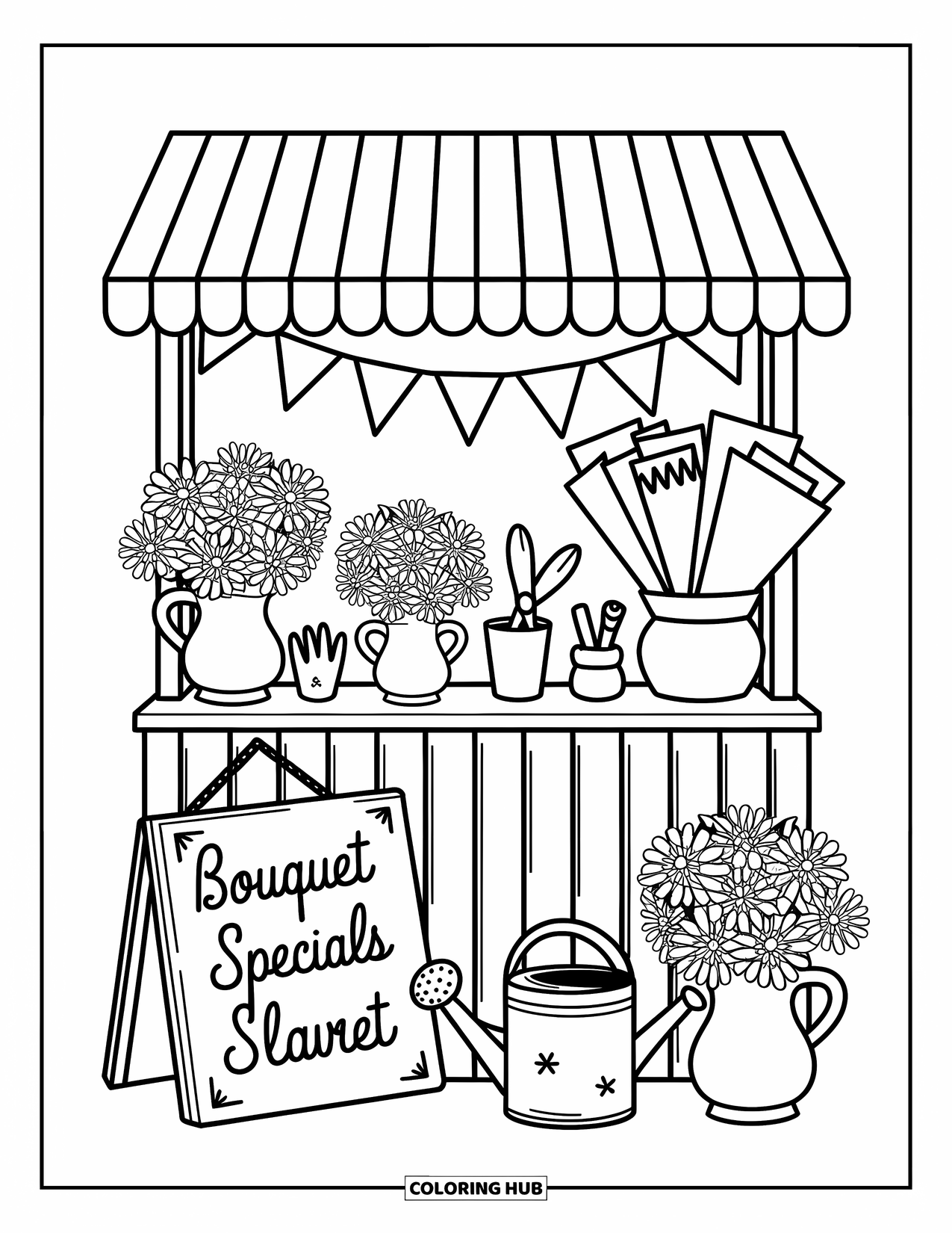 Retro Coloring Page for Adults: A quaint flower stall filled with blooms, vases, and a striped awning