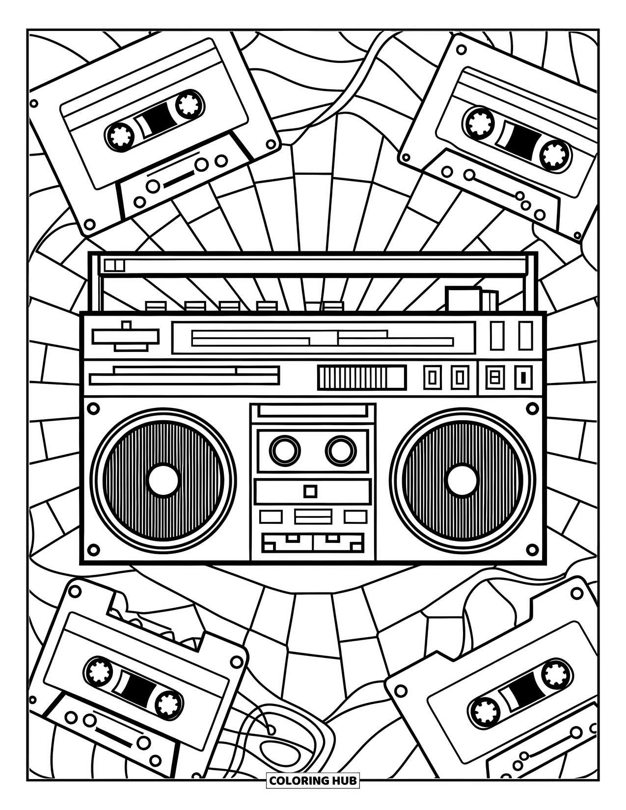 Retro Coloring Page for Adults: A retro boombox framed by cassette and wave patterns