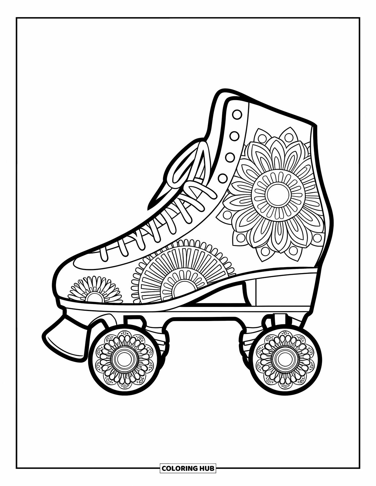 Retro Coloring Page for Adults: A roller skate with floral wheels on a plain background